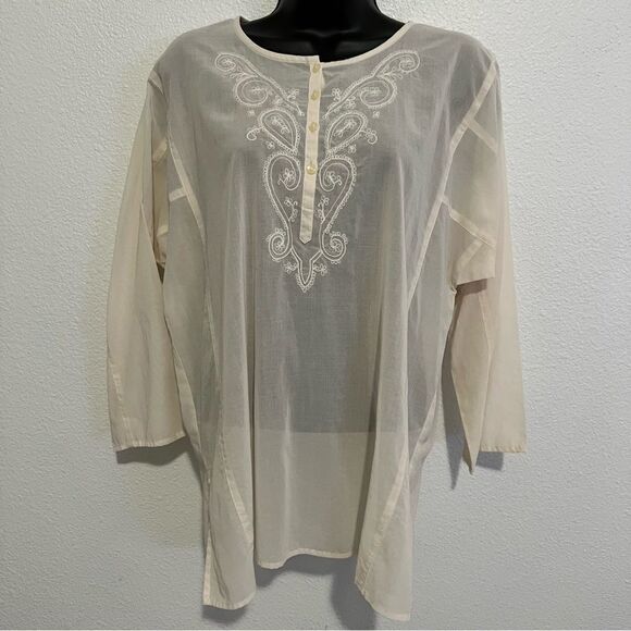 NWOT LIZ CLAIBORNE Neutral Ivory Cotton Embroidered Relaxed Split Neck Tunic L - Picture 10 of 15